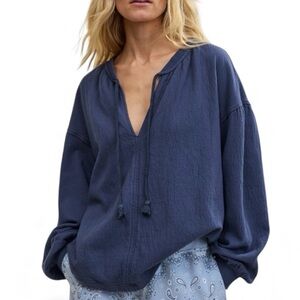 NWT Aerie EASY STREET Blue Cozy Cotton Terry Pullover Boxy Oversized S/P